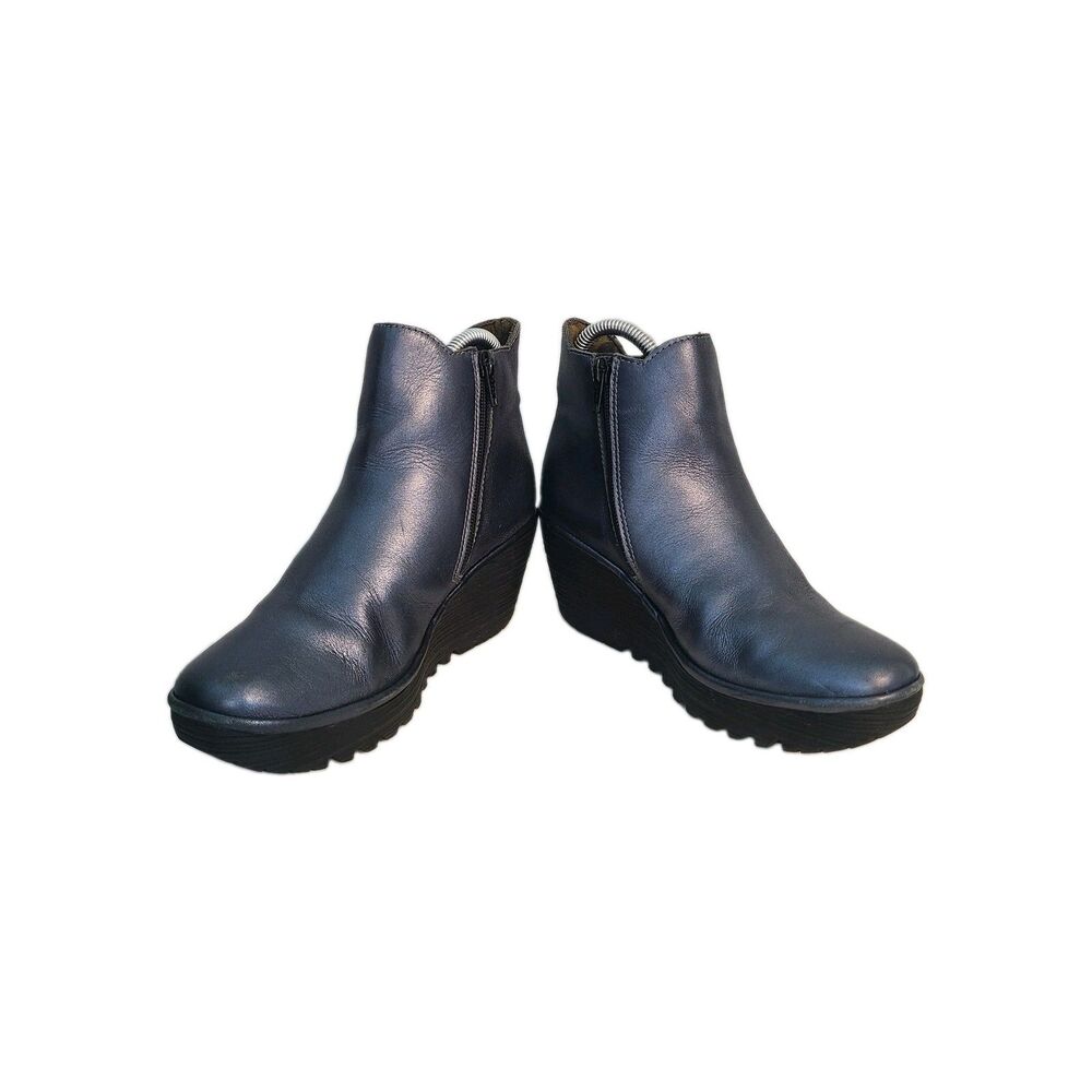Fly London Yasi Metallic Blue Leather Wedge Ankle Booties EU 37 Whimsigoth Edgy - Picture 2 of 9